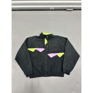 Vintage Puma Windbreaker Jacket Black Neon Green Purple Geometric Women Medium